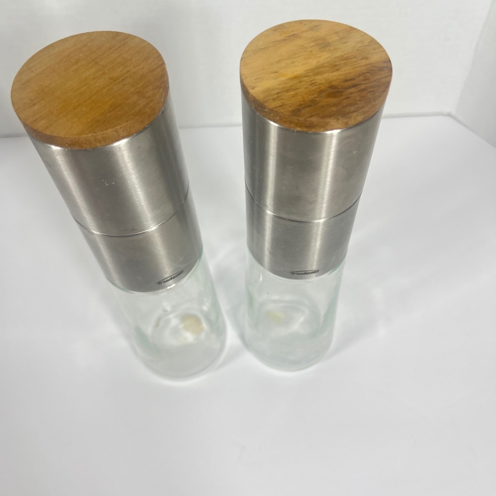 Trudeau Salt and Pepper Mill Set Glass Stainless Steel Wood Silver OS